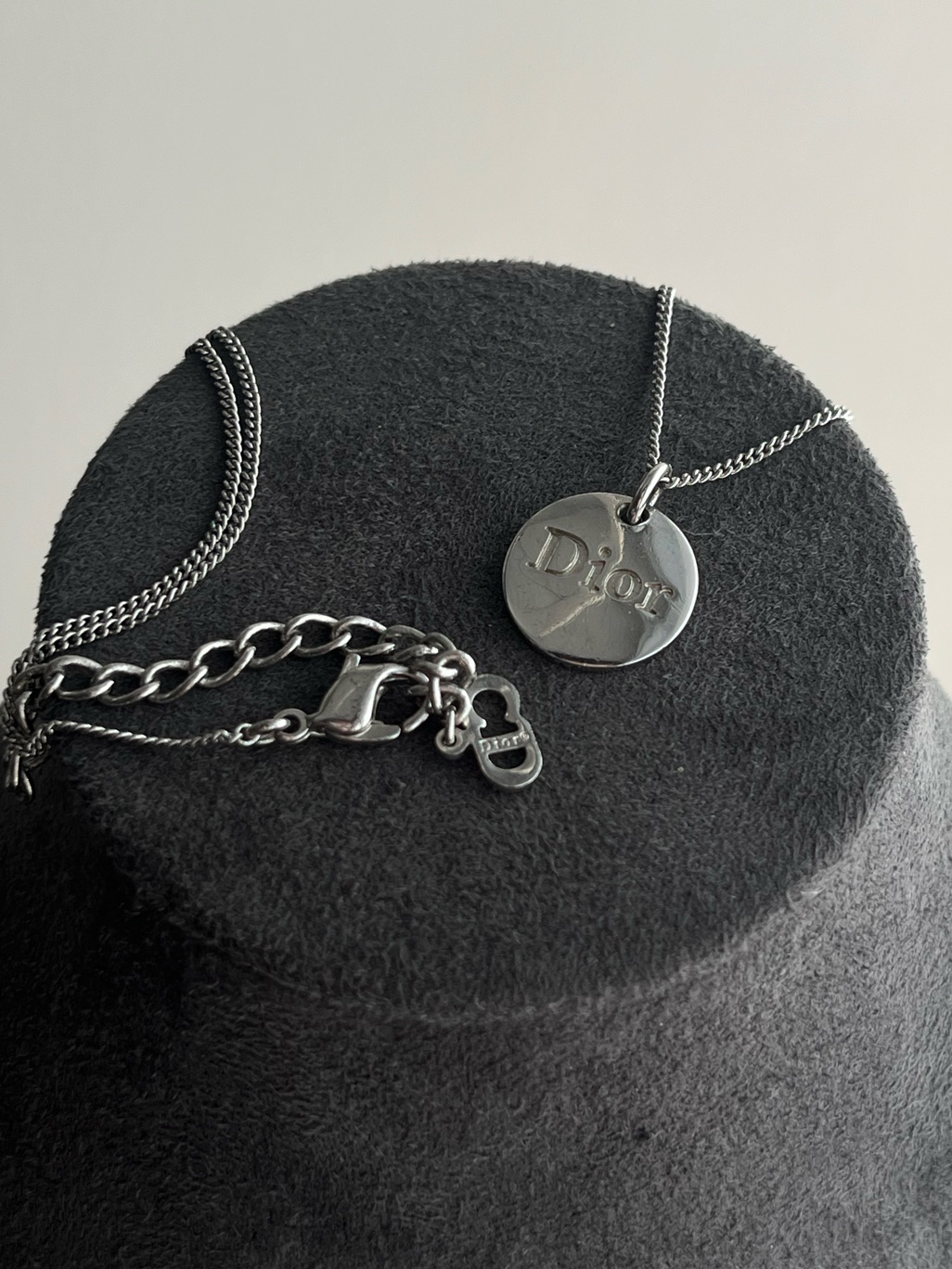 Authentic Vintage Dior Classic Logo Monogram Round Medallion Silver Necklace